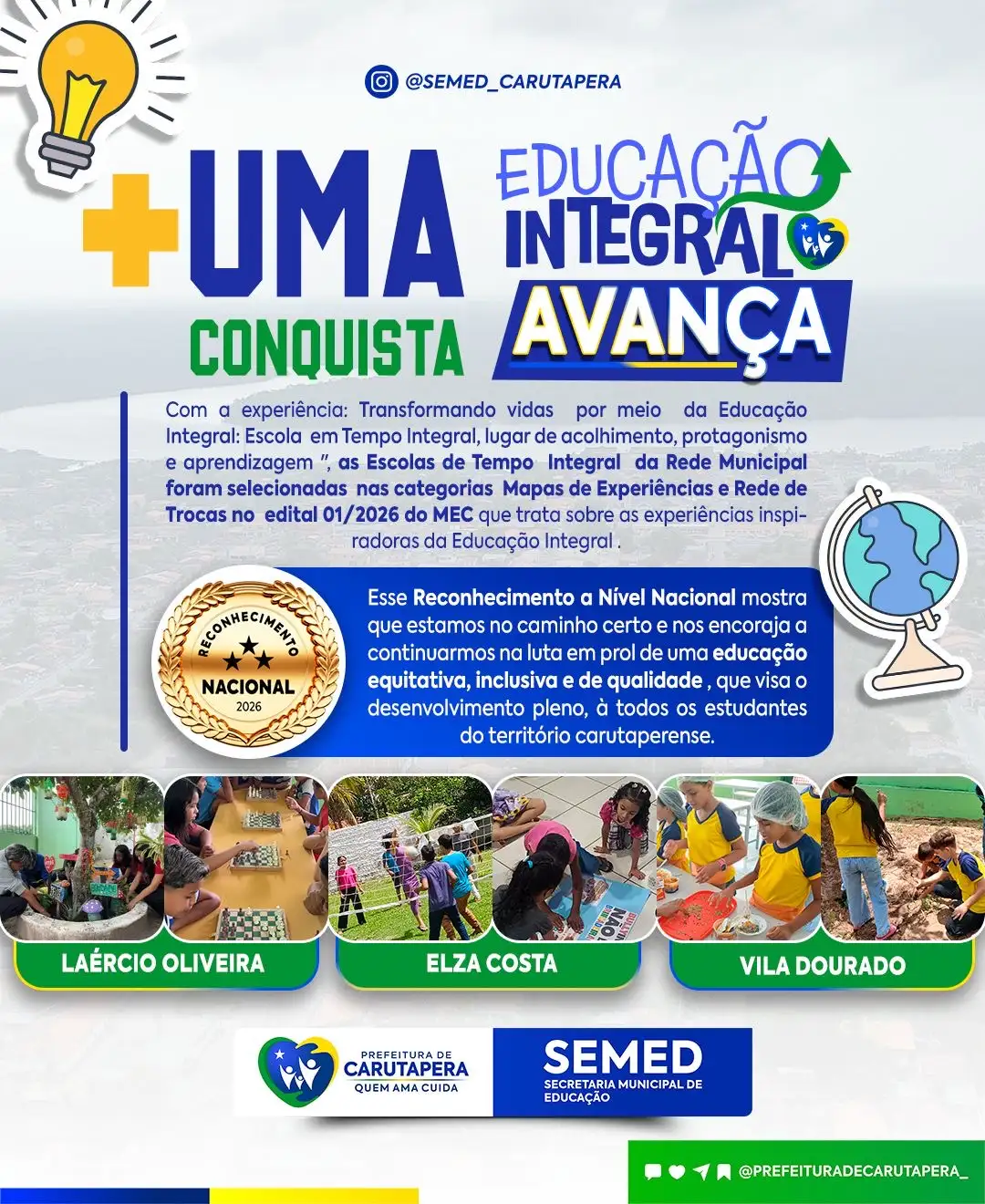 Carutapera conquista destaque nacional na educação integral com escolas da rede municipal selecionadas em edital do MEC